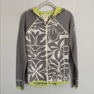 Title Nine Gray, White, and Green Patterned Zip-Up Hooded Cardigan